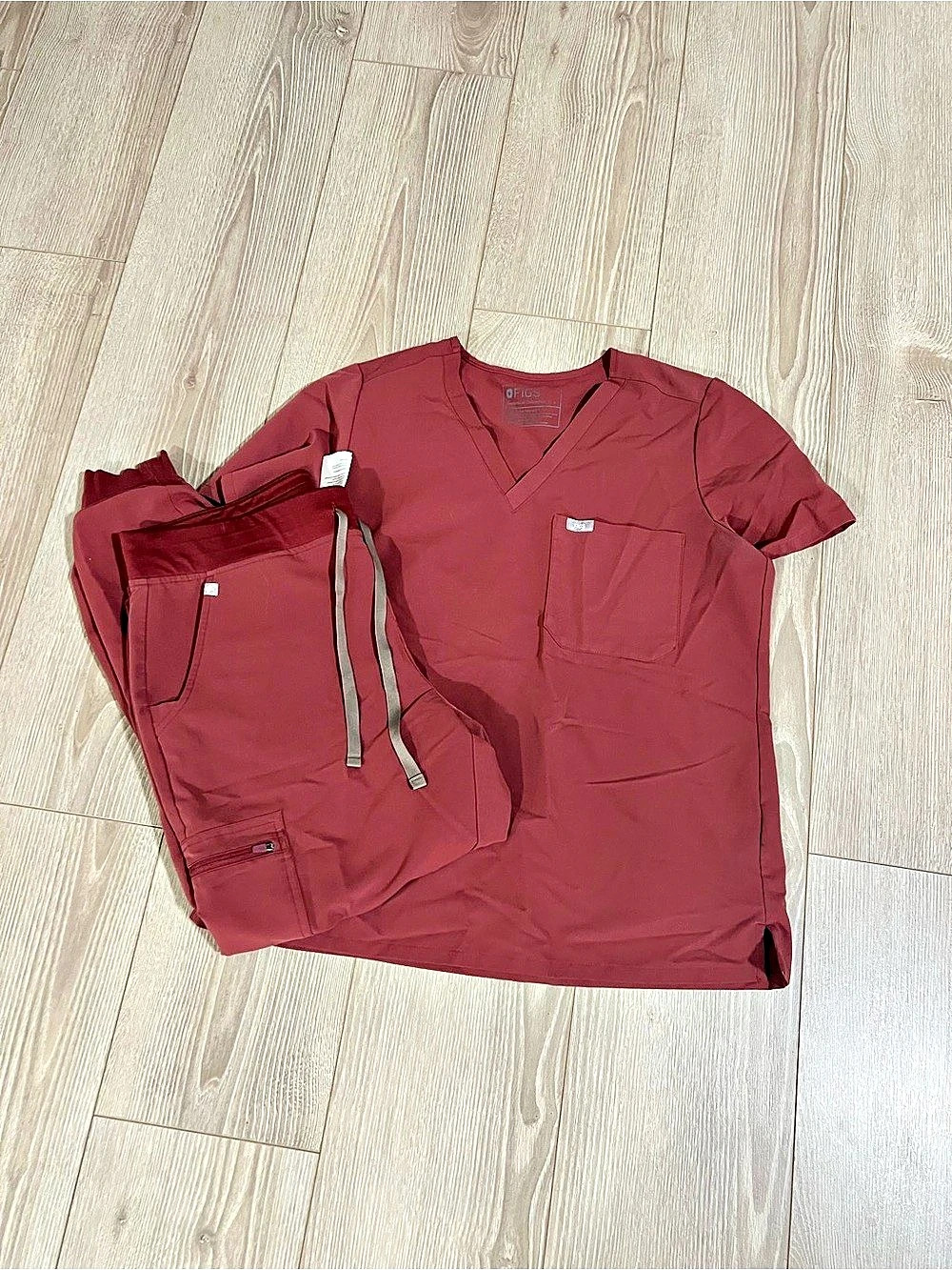 FIGS Casma Scrub Top and Zamora Jogger Scrub Pant in Dark Cherry